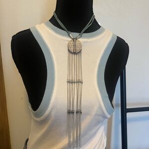 Silver Pendant Necklace with Chain Fringe Suede Lariat Western